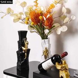 Vases Gold Plated Abstract Pattern Sand and Stone Texture Flower Pot Climbing Resin Vase Nordic Home Decoration Modern J240515