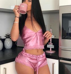 Ladies Sexy 2 Piece Satin Silk Pyjama Set Sleeveless Pyjamas Sleep Shorts Set Lace Pijama Suit Sleepwear For Women Sexy Nighties6951751