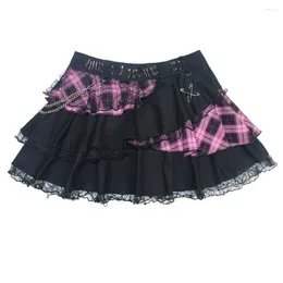 Skirts 2024 Japanese Lace Kawaii Cake Mini Skirt Pink Plaid Print Patchwork Korean Rock Sweet Harajuku Y2k 2000s Ruffle 90s