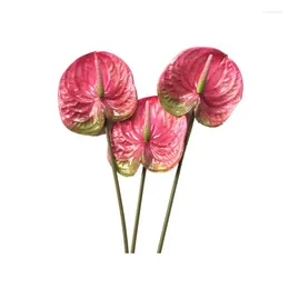 Decorative Flowers 3 Pcs 27Inch Artificial Anthurium Bouquet And Green Leaf Wedding Decoration (Pink)