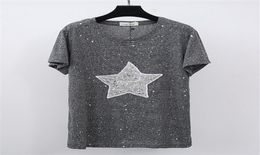 Whole 6XL Plus Size Women T shirt 2017 Summer Shiny Star Sequin Design Tops Short Sleeve Loose Casual Cotton Femme Shirts Blu9522106