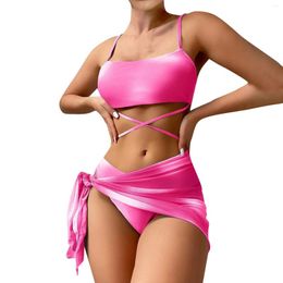 Women's Swimwear Solid Colour Swimsuit Split Thin Strap High Waist Cover-up Four-Piece Set 2024 Sexy Fashion