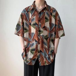 Men's Casual Shirts Summer Turn-down Collar Fashion Half Sleeve Shirt Man High Street Loose Button Patchwork Cardigan Y2K Printing Tops