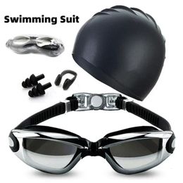 Adult Swimming Suit HD Anti-fog Swimming Goggles Set Waterproof Silicone Nose Clip Earplugs Swimming Goggles Set and cap Men 240518
