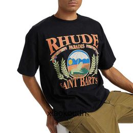 Rhude High end designer T shirts for Sunshine Beach Tree Beach Chair Printed High Street Fashion Short Sleeve T-shirt With 1:1 original labels