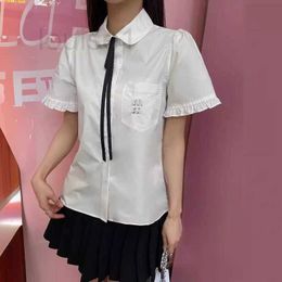Women's Blouses & Shirts Designer Brand Flower Bud Sleeve Necktie Short Sleeved Shirt, a Versatile Single Item Shirt Material 4R87