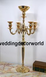 new style 85cm tall Tall 5 Arms Crystal Candelabras Wedding Candelabrum With Flower Bowl Metal Candle Stick Party Event Decor3751818094