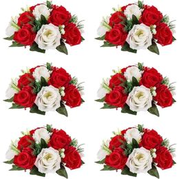 6 Pcs Fake Flower Ball Arrangement Bouquet Room Decor 15 Heads Plastic Roses With Base Wedding Valentines Day Vase Flowers Home 240517