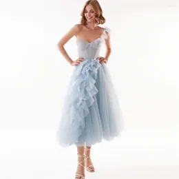 Casual Dresses Bule Women Hollow Tulle Birthday Party Dress 2024 Summer Female One Shoulder Ruffles Ball Gown Lady Formal Occasion