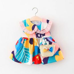 Girl Dresses Summer Korean Infant Girls Dress Ruched Patchwork Little Bamboo Basket Shoulder Bag Cotton Loose Toddler