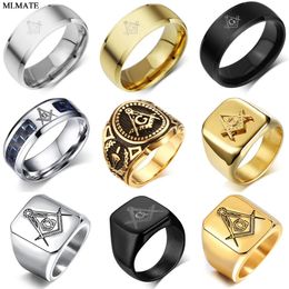 Men Punk Retro Free Mason Freemasonry Masonic AG Ring Gold Black Color Stainless Steel Rings Drop 240508