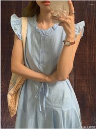 Casual Dresses Blue Shirt Long S 2024 Woman Korea Japan Style Design Summer Cloth Belt Ruffles Retro Vintage Dress