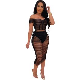 Women Evening Party Bodycon Dresses Sexy Sheer Mesh See Through Two Piece Sets Slash Neck Off Shoulder Top Midi Dress Night Club2002514