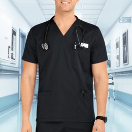 Men Hospital Short Sleeve Uniform Carer Tops Blouse Healthcare Clinic Working Nurse T-shirt Nursing Workwear 240520