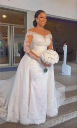 Elegant Long Sleeves Lace Mermaid Wedding dresses 2024 Sheer Mesh Top Tulle Applique Beaded bridal gowns vestidos de noiva With Detachable Skirt