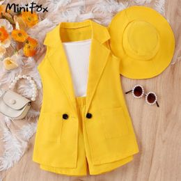Clothing Sets MiniFox 4pcs Summer Luxury Suit For Girls Kids Blazer Coat+Camisole+Shorts+Hats Elegants Sets Children Girls Blazer Outfits Y240520YK9Y