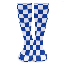 Women Socks Blue And White Checkerboard Vintage Checker Print Retro Stockings Autumn Anti Bacterial Couple Outdoor Sports