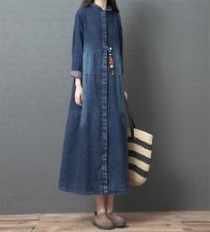 Autumn Winter Vintage Denim Long Dress Women Korean Casual Long Sleeves Loose Jeans Dress Retro Black Elegant Maxi Dress Female 209550030