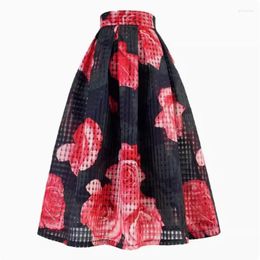 Skirts Vintage Style Elegant High Waist Long Pleated Midi Skirt For Women Aesthetic Pink Rose Floral Print Organza Summer 2024