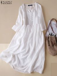 ZANZEA Women White Beach Dress Solid Summer Aline Half Sleeve Shirt Casual Loose Pocket Sundress Holiday Baggy Long Robe 240518