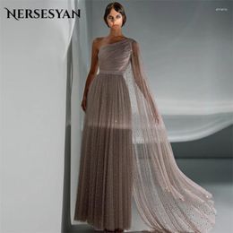 Party Dresses Nersesyan Glitter One Shoulder Prom Gowns Long Sleeves Tulle Pleats Evening Elegant A Line Draped Vestidos De Fiesta