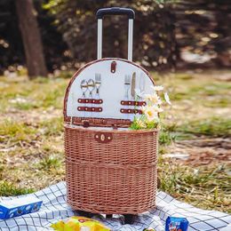 Rattan Woven Picnic Basket with Wheels Pull Rod Spring Outing Storage MultiFunction Outdoor Camping Tableware Set 240517