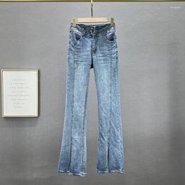 Women's Jeans Split Skinny For Women 2024 Spring Multi-Buckle High Waist Rhinestone Flared Pants Female Denim Ladies Blue Jean