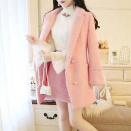 Work Dresses Women's Winter Thick Pink White Beaded Mink Velvet Coat Mid-Length Jacket A-Line Skirt Two-Piece Suits/Sets Ladies