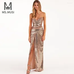 Casual Dresses MSMUSI 2024 Fashion Designer Women Sexy Strapless Sequins Lace Up Draped Sleeveless Bodycon Party Club Slit Maxi Dress Gown