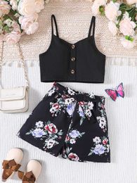 Clothing Sets Girls Summer New Trendy Slim Fit Set With Small V-Neck Black Strap Tank Top And Flower Printed Shorts Two Piece Set Y240520WE2Q