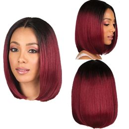 Dyeing middle part Womens short hair straight hair black gradient Burgundy Bob synthetic Fibre high-temperature silk full hood 240510