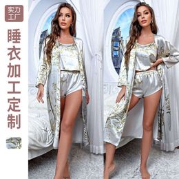New sleepwear set with sexy suspender, small vest, shorts, casual three piece set with imitation silk print for home wear