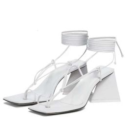 Ladies 2024 satin leather chunky high heel sandals solid Cross-tied lace up peep-toe Square toe head wedding party shoes s 07b