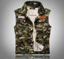 FallMen Camouflage Denim Vest New 2016 Sleeveless Camo Print Jean Jackets Badges Embellished 3678184