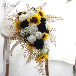 Wedding Flowers PEORCHID Charm White Black Waterfall Bouquet Sunflowers Roses Artificial Gold Bridal Flower Decor Bridesmaid