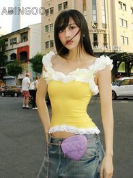 Women's Tanks ABINGOO Lace Trim Bow Crop Top Japanese 2000s Style Y2k Cute Tank Tops Yellow Black Summer Clothes Women 2024