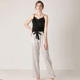 Pajama women's V-neck thin imitation silk suspender pants loose fitting home clothing set