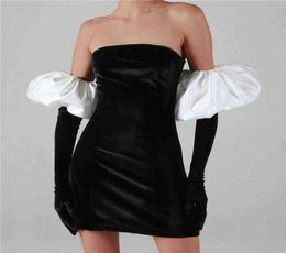 Women Elegant Puff Sleeve Gloves Aline Dress Sexy Strapless Off Shoulder Slim Club Dress Lady Velvet Black Fashion Party Dress Y15297829