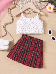 Clothing Sets Girls summer new floral small suspender + red checked skirt two-piece set preppy suit Y240520WM8T