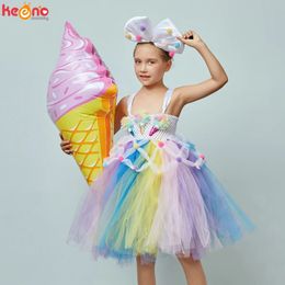 Candy Girls Kids Ice Cream Tutu Dress with Bows Children Birthday Cake Smash Po Food Costume Girls Dance Pageant Gown Dress 240515