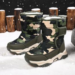 Walking Shoes Fashion Green Camouflage Print Children Snow Boots Waterproof Winter With Fur Outdoor Kids Hiking Trekking Sneakers