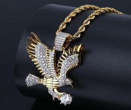 Hip Hop Gold Color Plated Copper Iced Out Micro Paved CZ Eagle Pendant Necklace Men Charm Jewelry Three Style Chains2942522