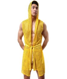 Whole1pcs men robe bathrobe brand sexy men pajamas long set mens sleepwear sheer mesh gay wear men sleep lounge kimono for ma3082179