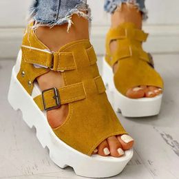 Ladies Woman Sandals Hook Loop Summer Platform Female Flock Peep Toe Wedges High Heels Shoe 8de