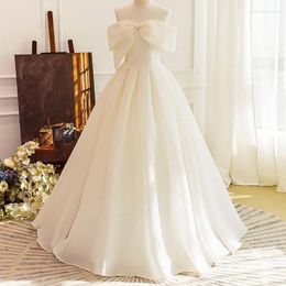 Party Dresses Satin White Wedding For Bride Elegant Boat Neck Evening Dress Chic Sweet Bow Formal Gown Solid Vestido