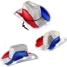 Other Festive Party Supplies Usa Blue Red And Patriotic White Light Up Cowboy Hats Led Flashing Luminous American Sequin Cowgirl Hat Dhf5Z