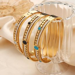 Bangle Hollow Waterproof Stainless Steel Gold Colour Jewerly Trendy Irregular Round Turquoise Crystal Bracelet For Women