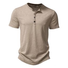 Henley Collar Summer Men Casual Solid Color Short Sleeve T Shirt for Polo men High QualityMens Shirts 240520