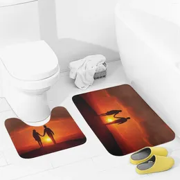 Bath Mats Bathroom Rugs Sets 2 Piece Holding Hands Under Sunset Absorbent U-Shaped Contour Toilet Rug