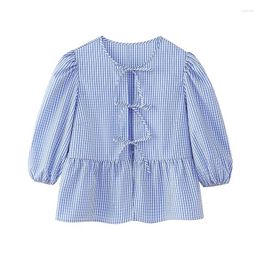 Women's Blouses YENKYE Blue Plaid Shirt Women Vintage Puff Sleeve Lace Up Blouse Summer Tops Rope De Mujer